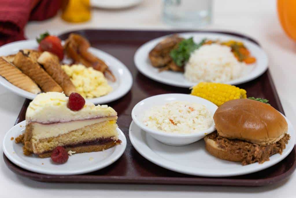 Close up of plated meals on tray