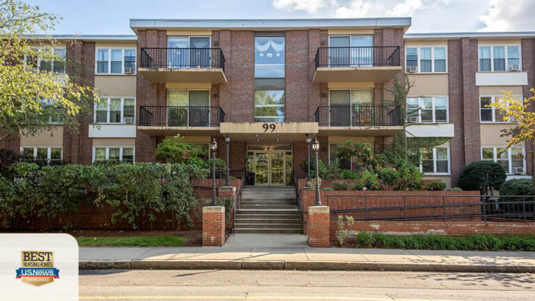Outdoor entrance of CareOne at Brookline, one of the leading rehab centers in Mass.