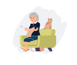 senior woman knits in an arm chair