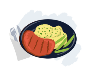 a plate with a steak, mashed potatoes, and green beans