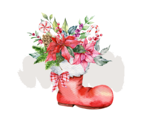 A holiday stocking filled wih poinsettias and other festive flowers. Flower arranging is one of the best holiday activities for seniors!