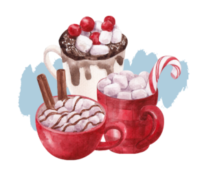 An illustration of three mugs of hot coca with cinnamon sticks, candy canes, and marshmallows. Making hot cocoa is one of the best holiday activities for seniors!