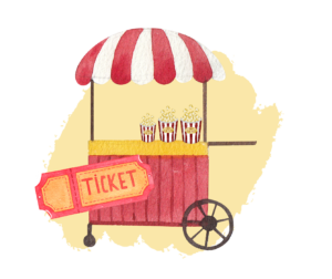 An illustration of a movie ticket booth with bags of popcorn. Hosting a holiday movie night with snacks is one of the best festive activities for seniors!