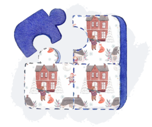 A holiday-themed puzzle with people shoveling snow outside of their house. Puzzles are one of the best holiday activities for seniors!