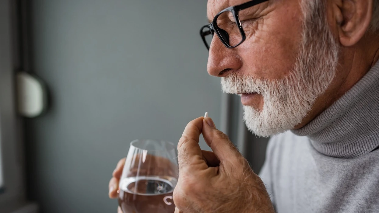 Older male taking supplement, holding glass of water